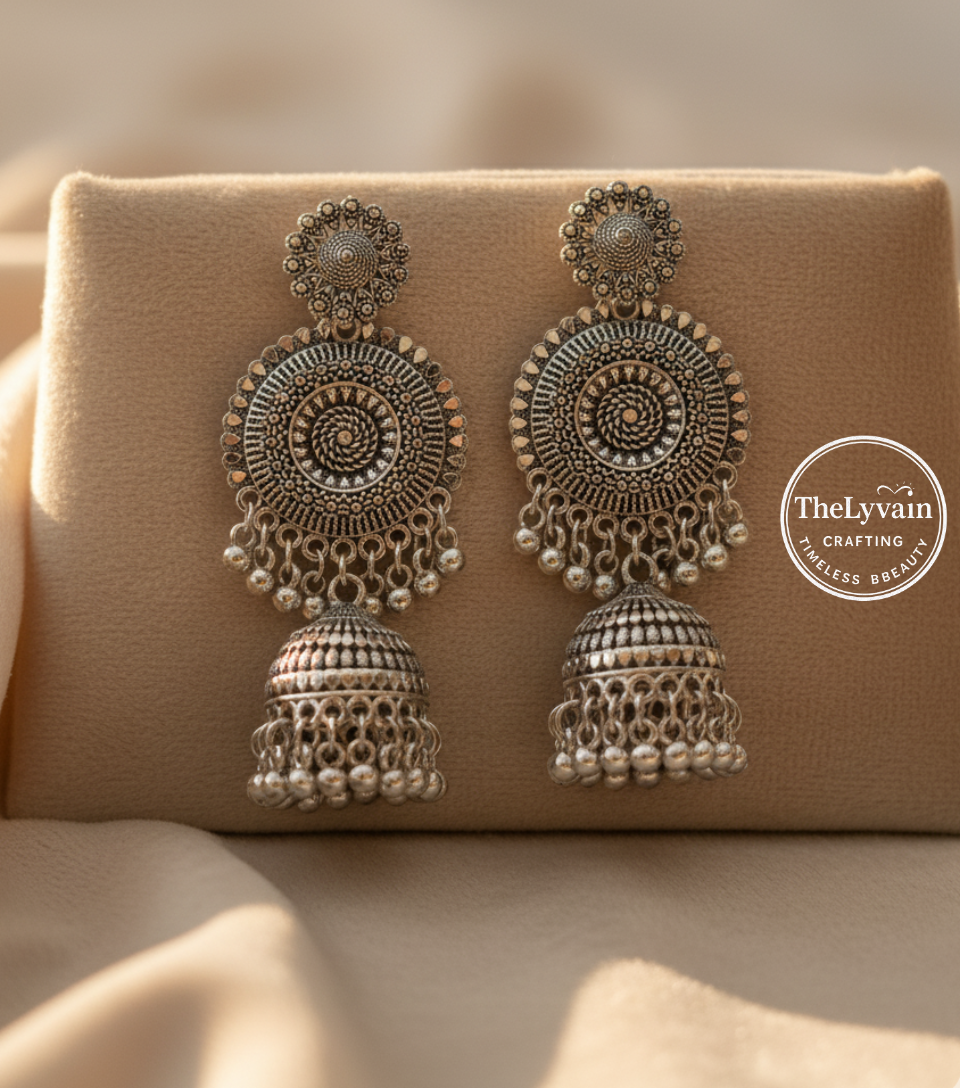 Handcrafted oxidized silver jhumka earrings with spiral pattern and hanging beads by TheLyvain