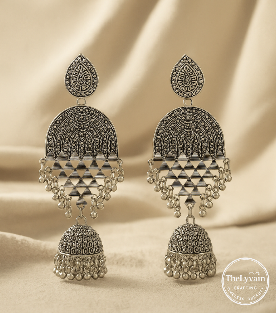 Oxidized silver jhumka earrings with geometric pattern and hanging beads by TheLyvain