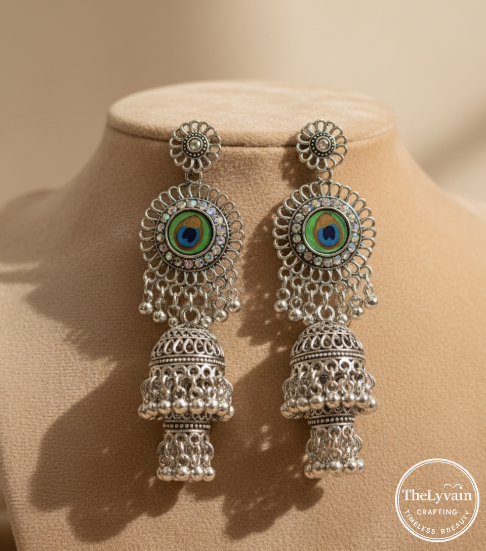 Oxidized silver jhumka earrings with colorful peacock feather design and bead hangings by TheLyvain